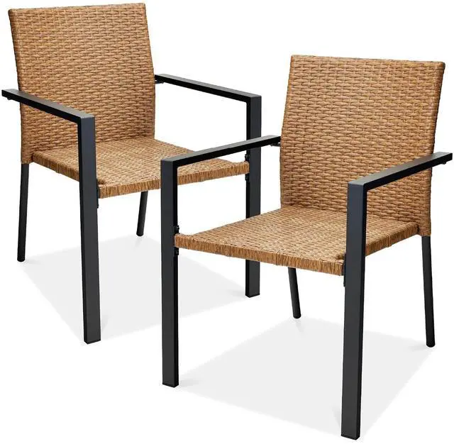 Main image of Set of 2 Stackable Outdoor Wicker Dining Chairs All-Weather Firepit Armchair w/Armrests, Steel Frame for Patio, Deck, Garden, Yard - Natural
