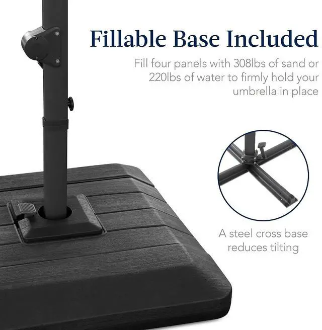 Alt view image 3 of 7 - 9x12ft LED Cantilever Patio Umbrella w/Base Included & 360° Rotation, Large Solar Offset Hanging Outdoor Sun Shade for Deck, Backyard Table w/Stand & Lights Deep Taupe