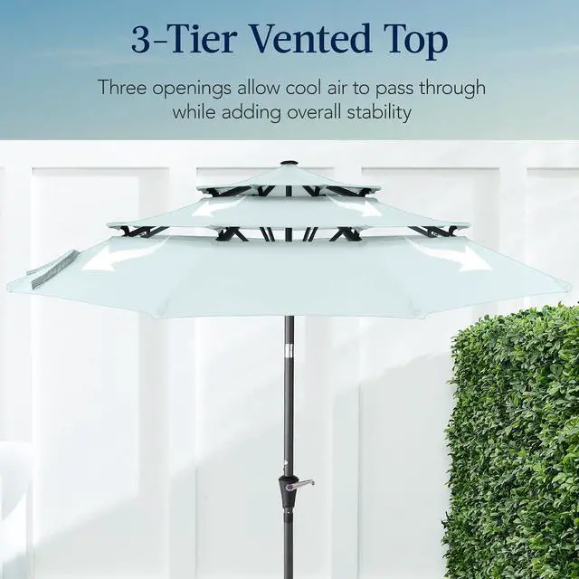 Alt view image 3 of 7 - 10ft 3-Tier Market Patio Umbrella, Outdoor Sun Shade with Tilt, Crank Lift, 8 Ribs for Backyard, Deck, Poolside Baby Blue