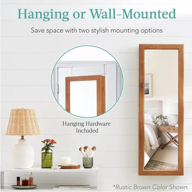 Alt view image 2 of 7 - LED Mirror Jewelry Cabinet, Tall Lockable Wall or Door Mounted Jewelry Armoire Organizer with Mirror, 2 Drawers, Lock, Cosmetic Tray, Shelves - Espresso