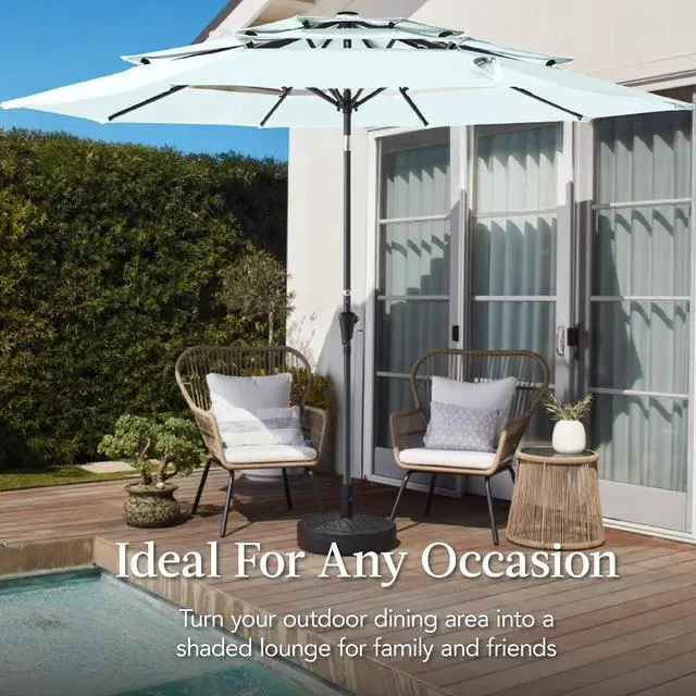 Alt view image 4 of 7 - 10ft 3-Tier Market Patio Umbrella, Outdoor Sun Shade with Tilt, Crank Lift, 8 Ribs for Backyard, Deck, Poolside Baby Blue