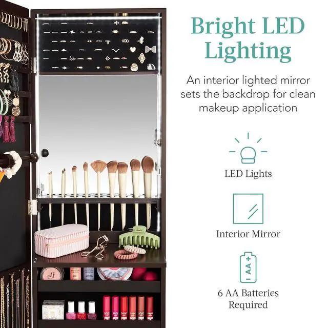 Alt view image 3 of 7 - LED Mirror Jewelry Cabinet, Tall Lockable Wall or Door Mounted Jewelry Armoire Organizer with Mirror, 2 Drawers, Lock, Cosmetic Tray, Shelves - Espresso