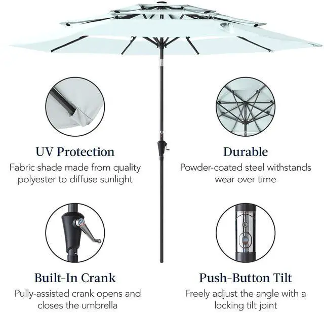 Alt view image 6 of 7 - 10ft 3-Tier Market Patio Umbrella, Outdoor Sun Shade with Tilt, Crank Lift, 8 Ribs for Backyard, Deck, Poolside Baby Blue
