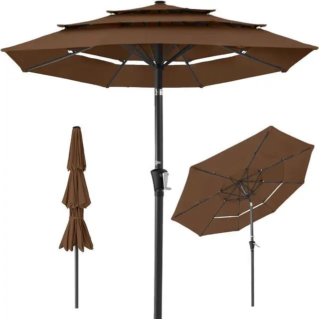 Main image of 10ft 3-Tier Market Patio Umbrella, Outdoor Sun Shade with Tilt, Crank Lift, 8 Ribs for Backyard, Deck, Poolside Brown