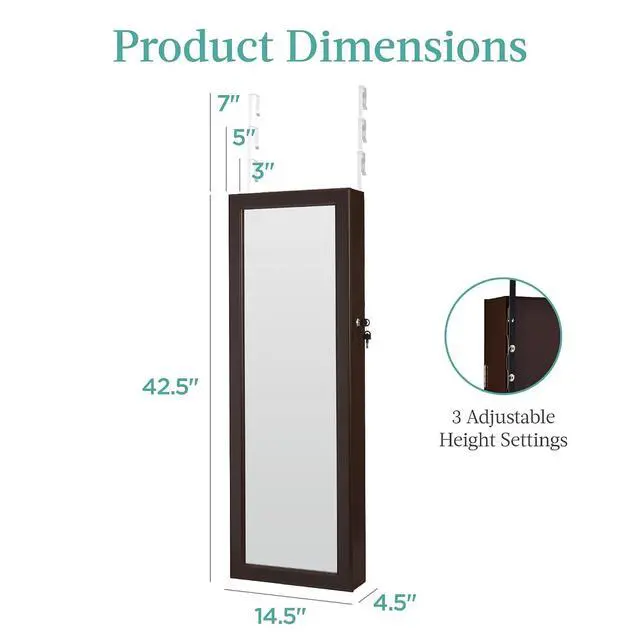 Alt view image 7 of 7 - LED Mirror Jewelry Cabinet, Tall Lockable Wall or Door Mounted Jewelry Armoire Organizer with Mirror, 2 Drawers, Lock, Cosmetic Tray, Shelves - Espresso