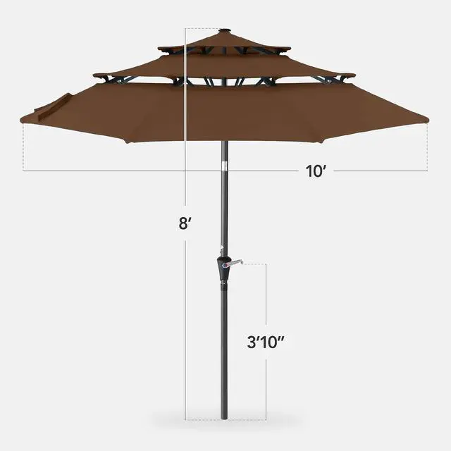 Alt view image 2 of 7 - 10ft 3-Tier Market Patio Umbrella, Outdoor Sun Shade with Tilt, Crank Lift, 8 Ribs for Backyard, Deck, Poolside Brown