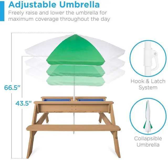 Alt view image 6 of 7 - Kids 3-in-1 Sand & Water Table, Wood Outdoor Convertible Picnic Table w/Umbrella, 2 Trays, Removable Top - Green