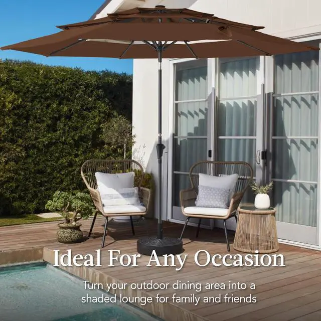 Alt view image 4 of 7 - 10ft 3-Tier Market Patio Umbrella, Outdoor Sun Shade with Tilt, Crank Lift, 8 Ribs for Backyard, Deck, Poolside Brown