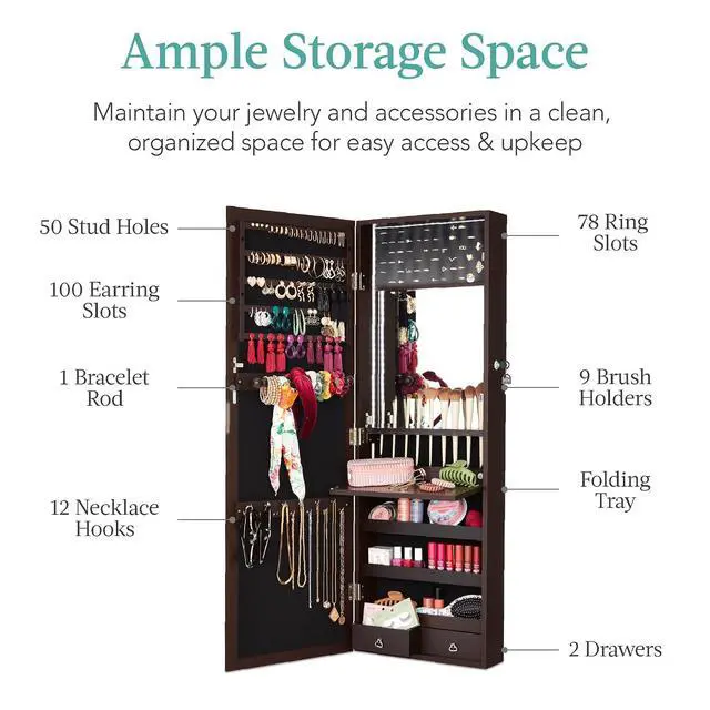 Alt view image 4 of 7 - LED Mirror Jewelry Cabinet, Tall Lockable Wall or Door Mounted Jewelry Armoire Organizer with Mirror, 2 Drawers, Lock, Cosmetic Tray, Shelves - Espresso