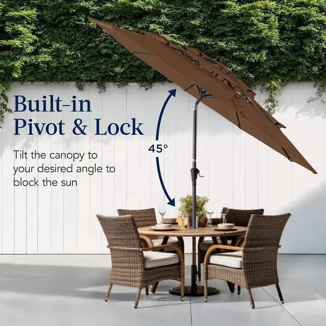 Alt view image 5 of 7 - 10ft 3-Tier Market Patio Umbrella, Outdoor Sun Shade with Tilt, Crank Lift, 8 Ribs for Backyard, Deck, Poolside Brown