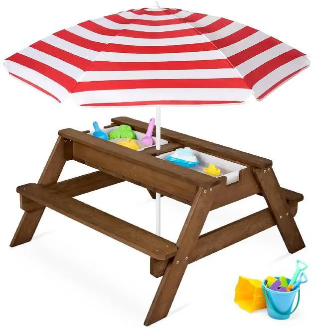 Main image of Kids Picnic Table with Umbrella, 3-in-1 Sand & Water Table, Outdoor Convertible Picnic Table for Toddlers, Seats 4, Removable Top, 2 Buckets - Red