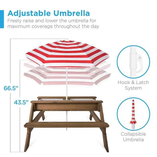 Alt view image 3 of 7 - Kids Picnic Table with Umbrella, 3-in-1 Sand & Water Table, Outdoor Convertible Picnic Table for Toddlers, Seats 4, Removable Top, 2 Buckets - Red