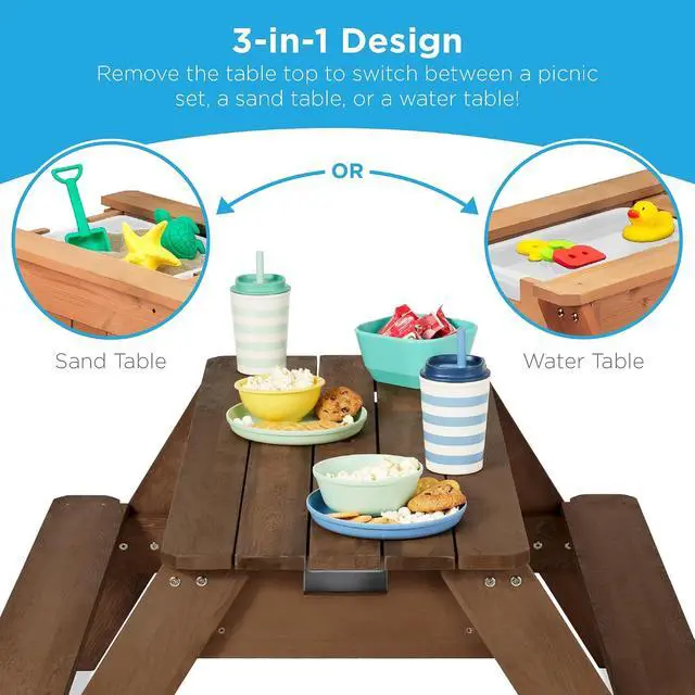 Alt view image 4 of 7 - Kids Picnic Table with Umbrella, 3-in-1 Sand & Water Table, Outdoor Convertible Picnic Table for Toddlers, Seats 4, Removable Top, 2 Buckets - Red