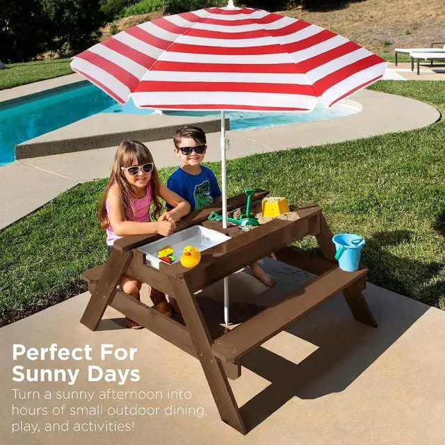 Alt view image 2 of 7 - Kids Picnic Table with Umbrella, 3-in-1 Sand & Water Table, Outdoor Convertible Picnic Table for Toddlers, Seats 4, Removable Top, 2 Buckets - Red