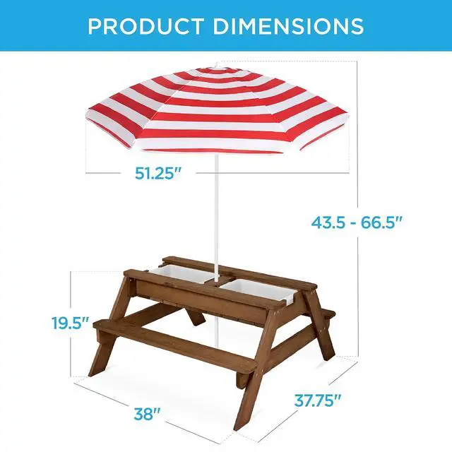 Alt view image 7 of 7 - Kids Picnic Table with Umbrella, 3-in-1 Sand & Water Table, Outdoor Convertible Picnic Table for Toddlers, Seats 4, Removable Top, 2 Buckets - Red