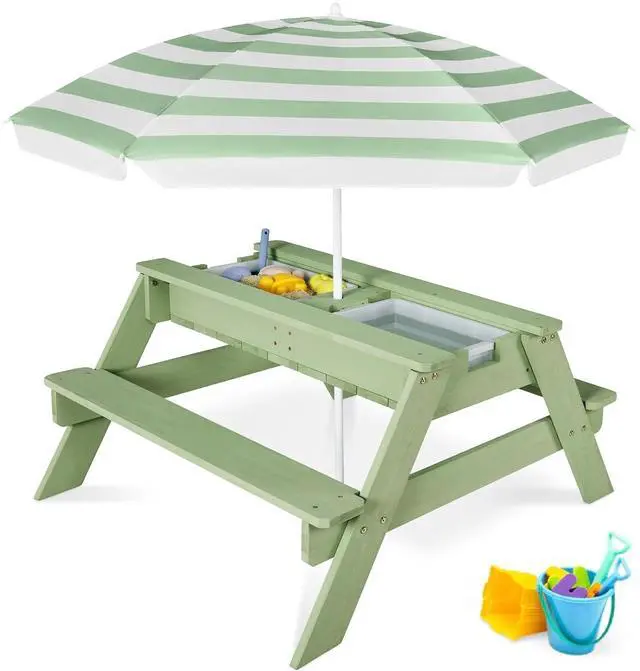 Main image of Kids Picnic Table with Umbrella, 3-in-1 Sand & Water Table, Outdoor Convertible Picnic Table for Toddlers, Seats 4, Removable Top, 2 Buckets - Sage