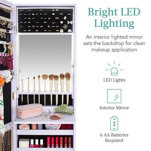 Alt view image 3 of 7 - LED Mirror Jewelry Cabinet, Tall Lockable Wall or Door Mounted Jewelry Armoire Organizer with Mirror, 2 Drawers, Lock, Cosmetic Tray, Shelves - Lavender