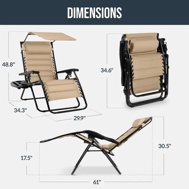 Alt view image 2 of 7 - Oversized Padded Zero Gravity Chair w/Canopy Headrest Cup Holder Side Tray, Folding Outdoor Patio Recliner Lounger - Beige