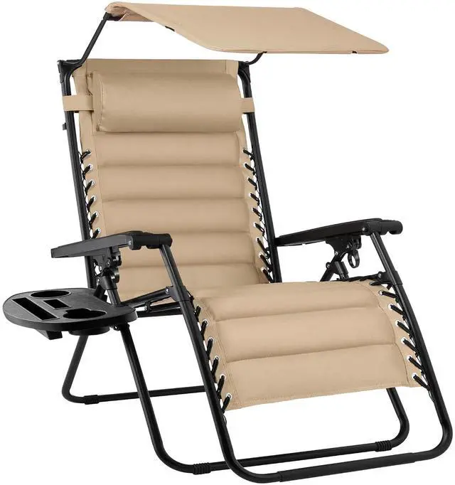 Main image of Oversized Padded Zero Gravity Chair w/Canopy Headrest Cup Holder Side Tray, Folding Outdoor Patio Recliner Lounger - Beige