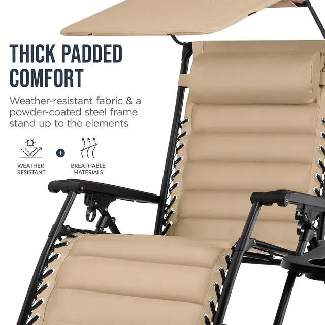 Alt view image 6 of 7 - Oversized Padded Zero Gravity Chair w/Canopy Headrest Cup Holder Side Tray, Folding Outdoor Patio Recliner Lounger - Beige