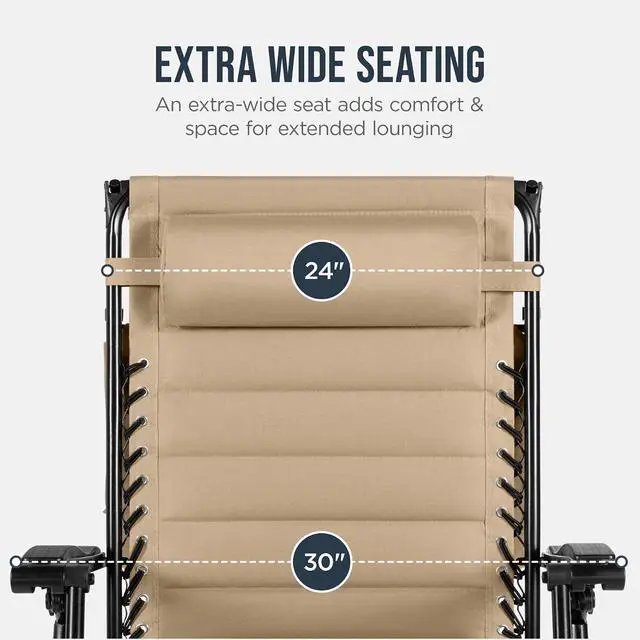 Alt view image 5 of 7 - Oversized Padded Zero Gravity Chair w/Canopy Headrest Cup Holder Side Tray, Folding Outdoor Patio Recliner Lounger - Beige