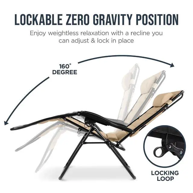 Alt view image 7 of 7 - Oversized Padded Zero Gravity Chair w/Canopy Headrest Cup Holder Side Tray, Folding Outdoor Patio Recliner Lounger - Beige