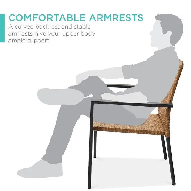 Alt view image 5 of 7 - Set of 2 Stackable Outdoor Wicker Dining Chairs All-Weather Firepit Armchair w/Armrests, Steel Frame for Patio, Deck, Garden, Yard - Natural
