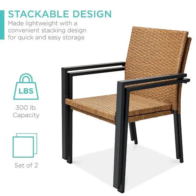 Alt view image 4 of 7 - Set of 2 Stackable Outdoor Wicker Dining Chairs All-Weather Firepit Armchair w/Armrests, Steel Frame for Patio, Deck, Garden, Yard - Natural