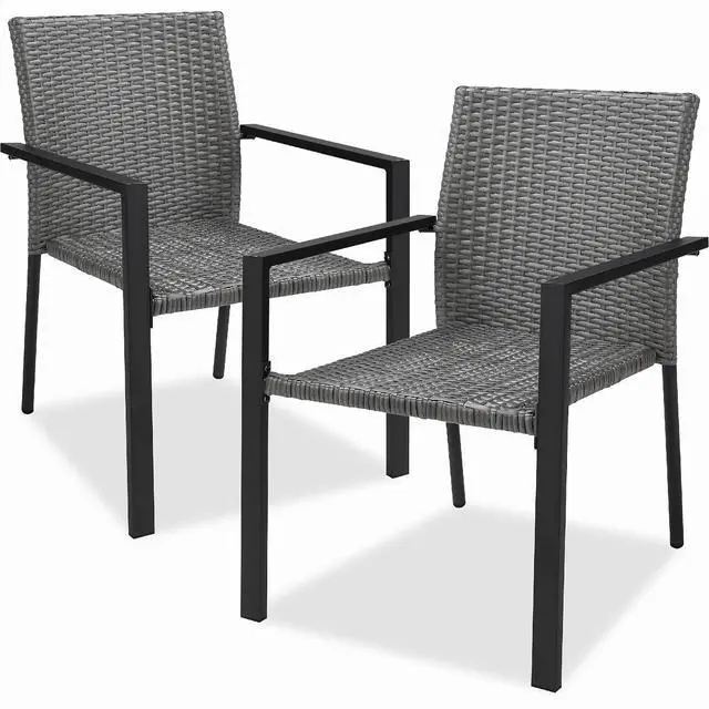 Main image of Set of 2 Stackable Outdoor Wicker Dining Chairs All-Weather Firepit Armchair w/Armrests, Steel Frame for Patio, Deck, Garden, Yard - Gray