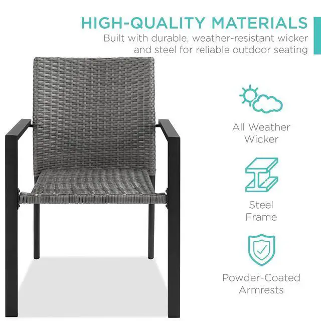 Alt view image 4 of 7 - Set of 2 Stackable Outdoor Wicker Dining Chairs All-Weather Firepit Armchair w/Armrests, Steel Frame for Patio, Deck, Garden, Yard - Gray