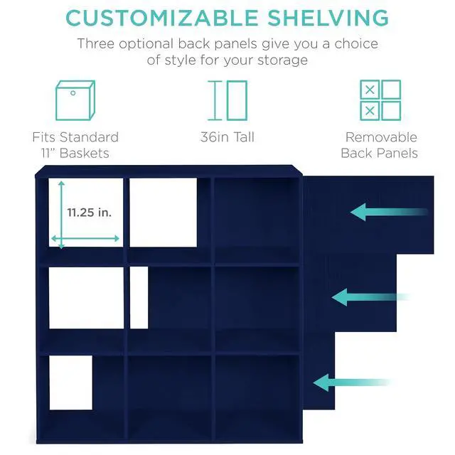 Alt view image 3 of 7 - Best Choice Products Kids Bookcase 9-Cube Storage Organizer, 11in Shelf Opening, Bookshelf, Toy Storage, Customizable w/ 3 Removable Back Panels Navy