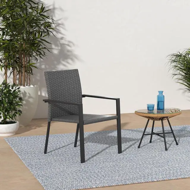 Alt view image 2 of 7 - Set of 2 Stackable Outdoor Wicker Dining Chairs All-Weather Firepit Armchair w/Armrests, Steel Frame for Patio, Deck, Garden, Yard - Gray