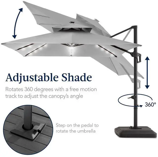 Alt view image 5 of 7 - 12x12ft LED Cantilever Patio Umbrella w/Base Included & 360° Rotation, Large Solar Offset Hanging Outdoor Sun Shade for Deck, Backyard Table w/Stand & Lights Fog Gray