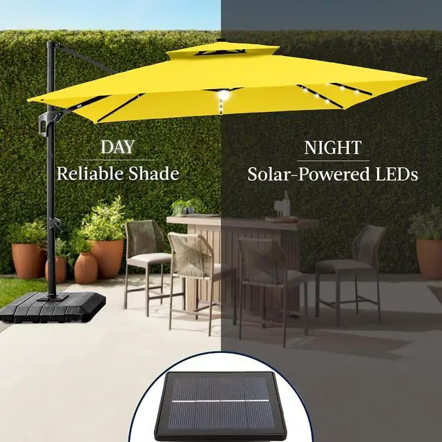 Alt view image 6 of 7 - 9x12ft LED Cantilever Patio Umbrella w/Base Included & 360° Rotation, Large Solar Offset Hanging Outdoor Sun Shade for Deck, Backyard Table w/Stand & Lights Yellow