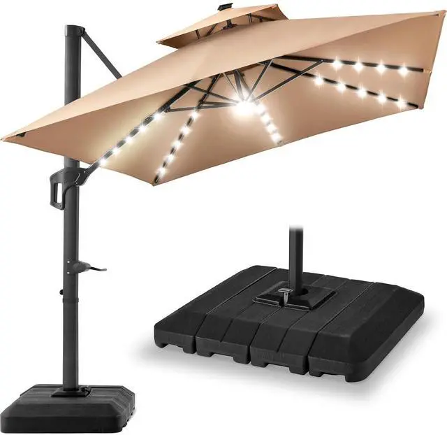 Main image of 9x12ft LED Cantilever Patio Umbrella w/Base Included & 360° Rotation, Large Solar Offset Hanging Outdoor Sun Shade for Deck, Backyard Table w/Stand & Lights Tan