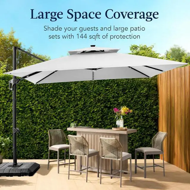 Alt view image 4 of 7 - 12x12ft LED Cantilever Patio Umbrella w/Base Included & 360° Rotation, Large Solar Offset Hanging Outdoor Sun Shade for Deck, Backyard Table w/Stand & Lights Fog Gray