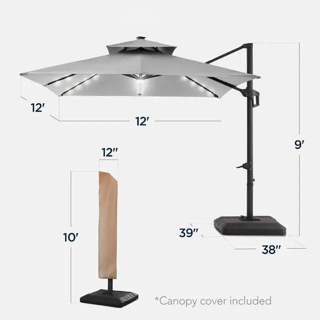 Alt view image 2 of 7 - 12x12ft LED Cantilever Patio Umbrella w/Base Included & 360° Rotation, Large Solar Offset Hanging Outdoor Sun Shade for Deck, Backyard Table w/Stand & Lights Fog Gray