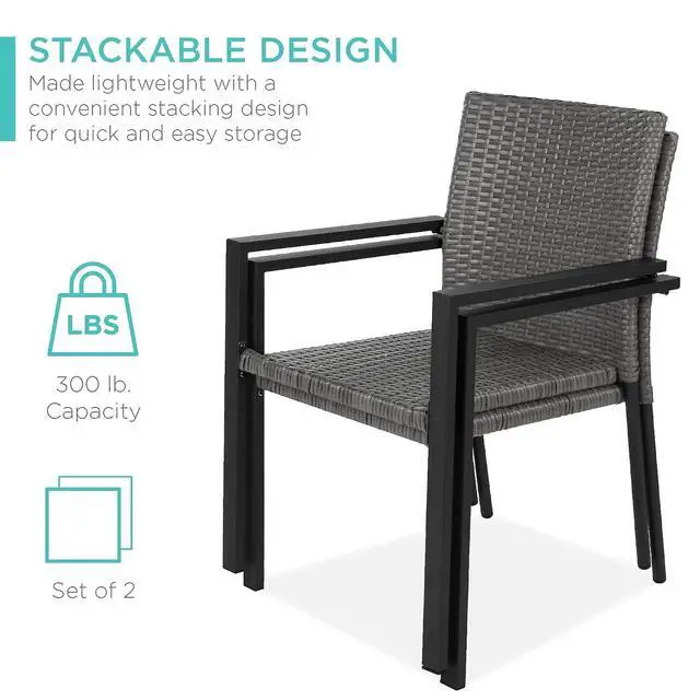 Alt view image 5 of 7 - Set of 2 Stackable Outdoor Wicker Dining Chairs All-Weather Firepit Armchair w/Armrests, Steel Frame for Patio, Deck, Garden, Yard - Gray
