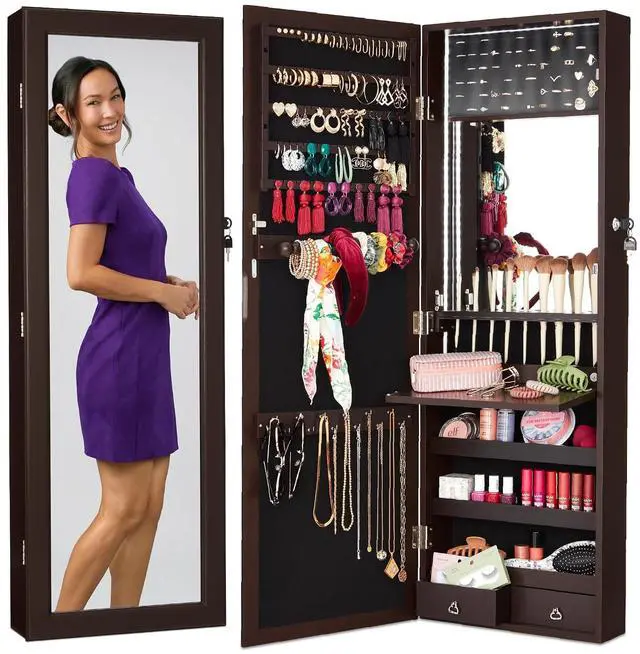 Main image of LED Mirror Jewelry Cabinet, Tall Lockable Wall or Door Mounted Jewelry Armoire Organizer with Mirror, 2 Drawers, Lock, Cosmetic Tray, Shelves - Espresso