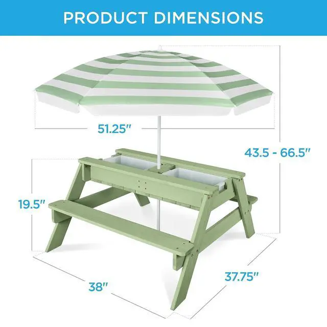 Alt view image 3 of 7 - Kids Picnic Table with Umbrella, 3-in-1 Sand & Water Table, Outdoor Convertible Picnic Table for Toddlers, Seats 4, Removable Top, 2 Buckets - Sage