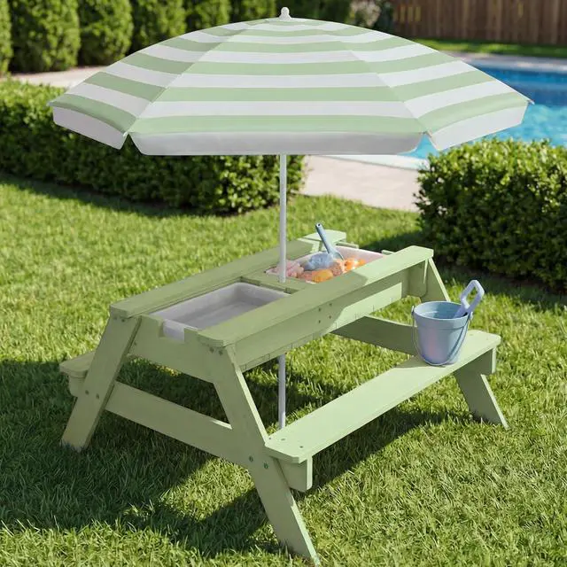 Alt view image 2 of 7 - Kids Picnic Table with Umbrella, 3-in-1 Sand & Water Table, Outdoor Convertible Picnic Table for Toddlers, Seats 4, Removable Top, 2 Buckets - Sage