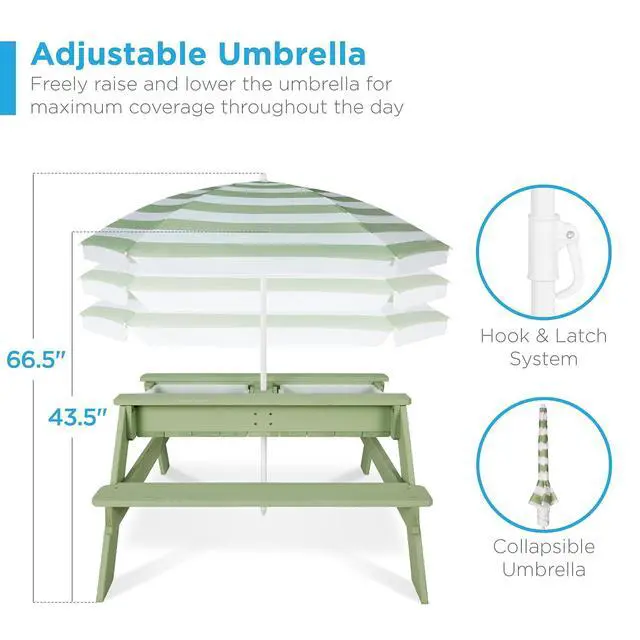 Alt view image 6 of 7 - Kids Picnic Table with Umbrella, 3-in-1 Sand & Water Table, Outdoor Convertible Picnic Table for Toddlers, Seats 4, Removable Top, 2 Buckets - Sage