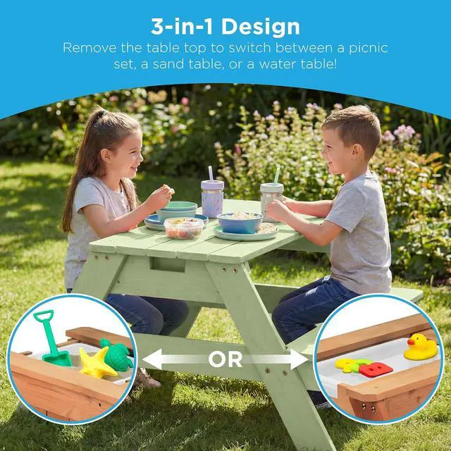 Alt view image 4 of 7 - Kids Picnic Table with Umbrella, 3-in-1 Sand & Water Table, Outdoor Convertible Picnic Table for Toddlers, Seats 4, Removable Top, 2 Buckets - Sage