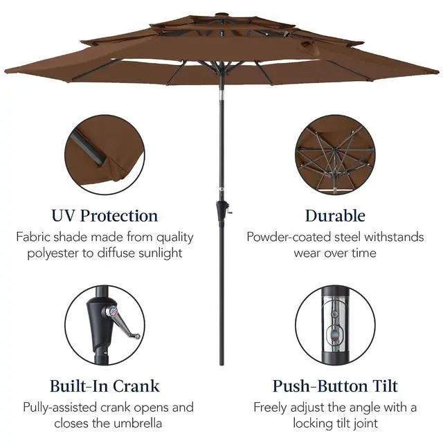 Alt view image 6 of 7 - 10ft 3-Tier Market Patio Umbrella, Outdoor Sun Shade with Tilt, Crank Lift, 8 Ribs for Backyard, Deck, Poolside Brown