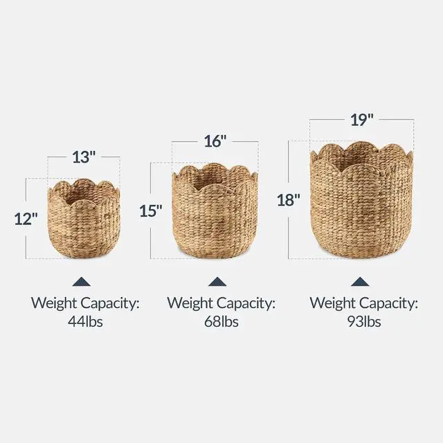 Alt view image 2 of 7 - 3pc Water Hyacinth Scalloped Multipurpose Nesting Baskets, Storage Bin Organization Totes for Living Room, Bedroom, Nursery, Laundry Room - Natural