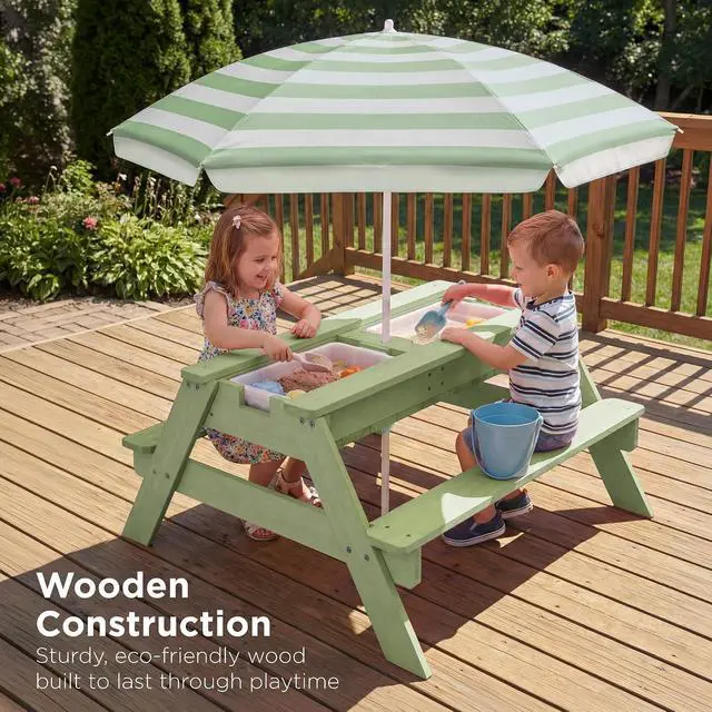 Alt view image 5 of 7 - Kids Picnic Table with Umbrella, 3-in-1 Sand & Water Table, Outdoor Convertible Picnic Table for Toddlers, Seats 4, Removable Top, 2 Buckets - Sage
