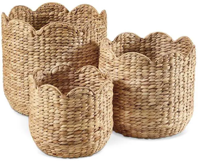Main image of 3pc Water Hyacinth Scalloped Multipurpose Nesting Baskets, Storage Bin Organization Totes for Living Room, Bedroom, Nursery, Laundry Room - Natural