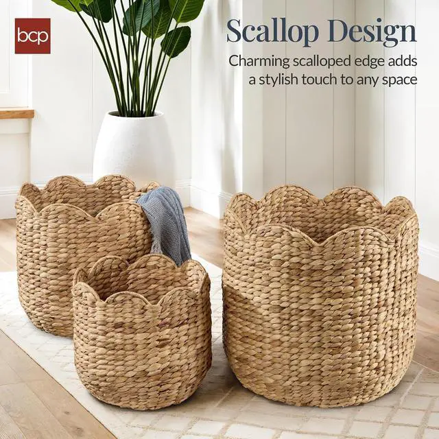 Alt view image 3 of 7 - 3pc Water Hyacinth Scalloped Multipurpose Nesting Baskets, Storage Bin Organization Totes for Living Room, Bedroom, Nursery, Laundry Room - Natural