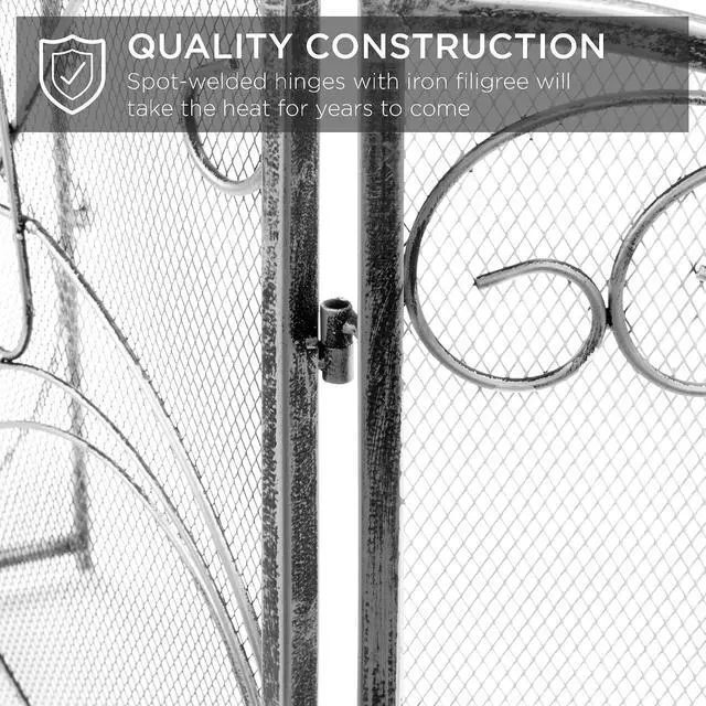 Alt view image 4 of 7 - 3-Panel 55x33in Solid Wrought Iron See-Through Metal Fireplace Screen, Spark Guard Safety Protector w/Decorative Scroll - Pewter