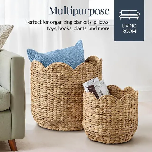 Alt view image 4 of 7 - 3pc Water Hyacinth Scalloped Multipurpose Nesting Baskets, Storage Bin Organization Totes for Living Room, Bedroom, Nursery, Laundry Room - Natural